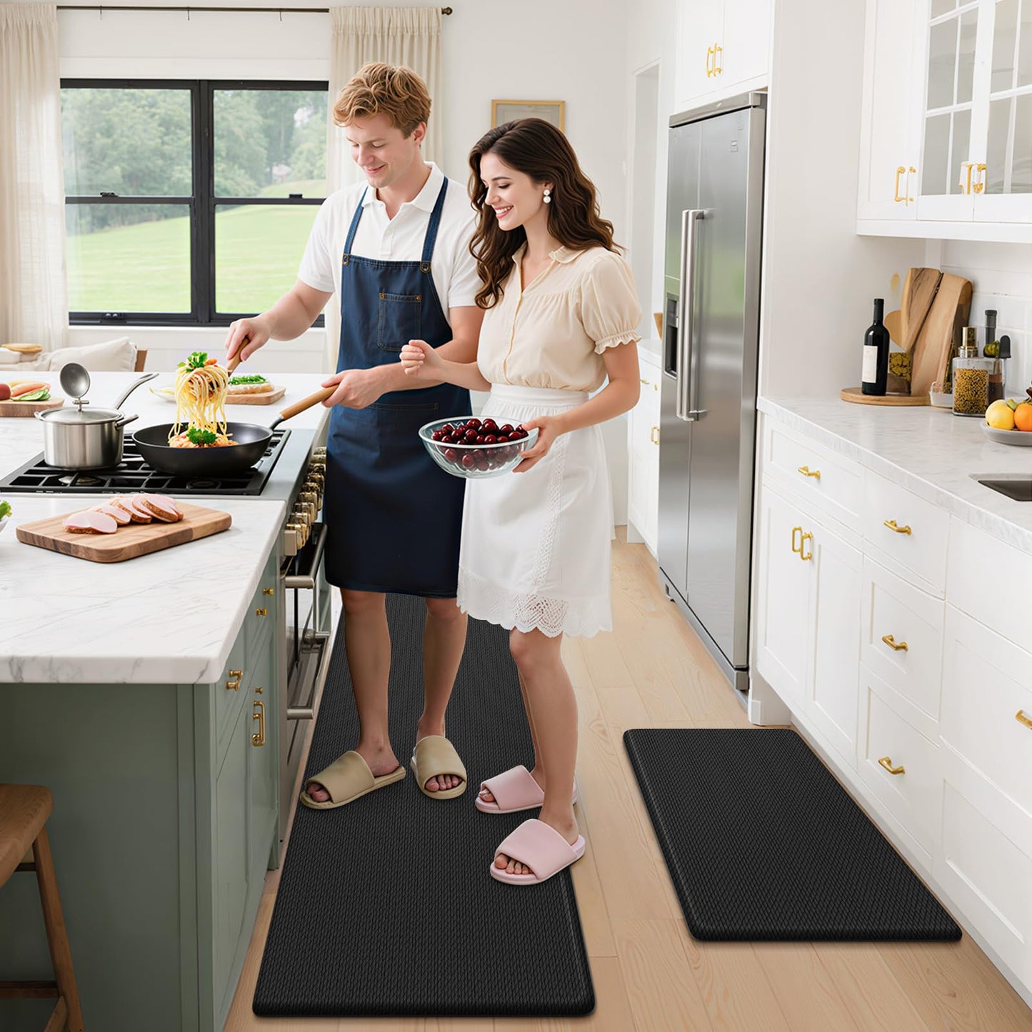 StepLively Kitchen Mat, 2 PCS Kitchen Rugs, Cushioned Kitchen Mats for Floor, Anti Fatigue Kitchen Rug Set, Non-Skid Standing Mat for Kitchen, Office, Sink, 17.3"×30"+17.3"×59", Black
