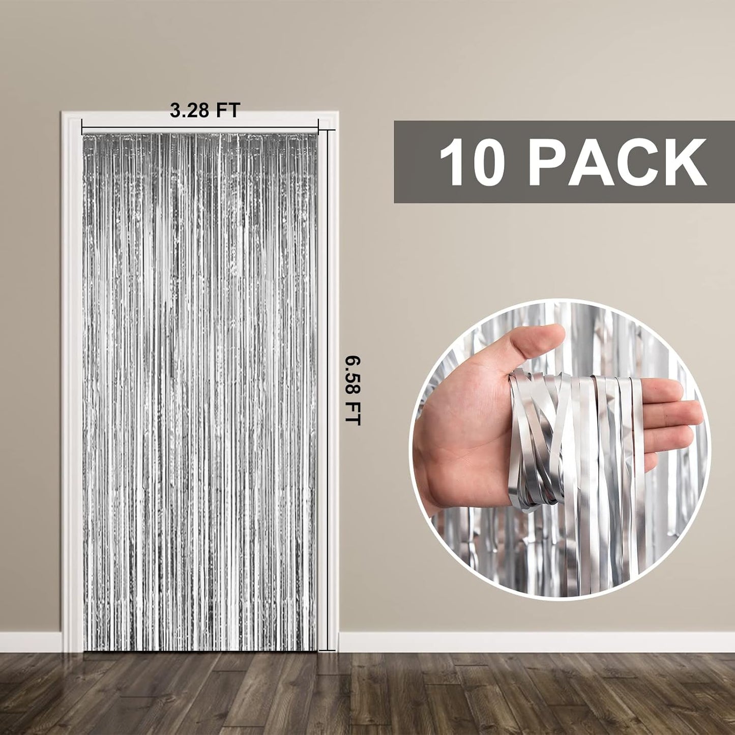 Skiennix Foil Curtain Backdrop - Silver Metallic Tinsel Fringe for Parties | 10 Pack