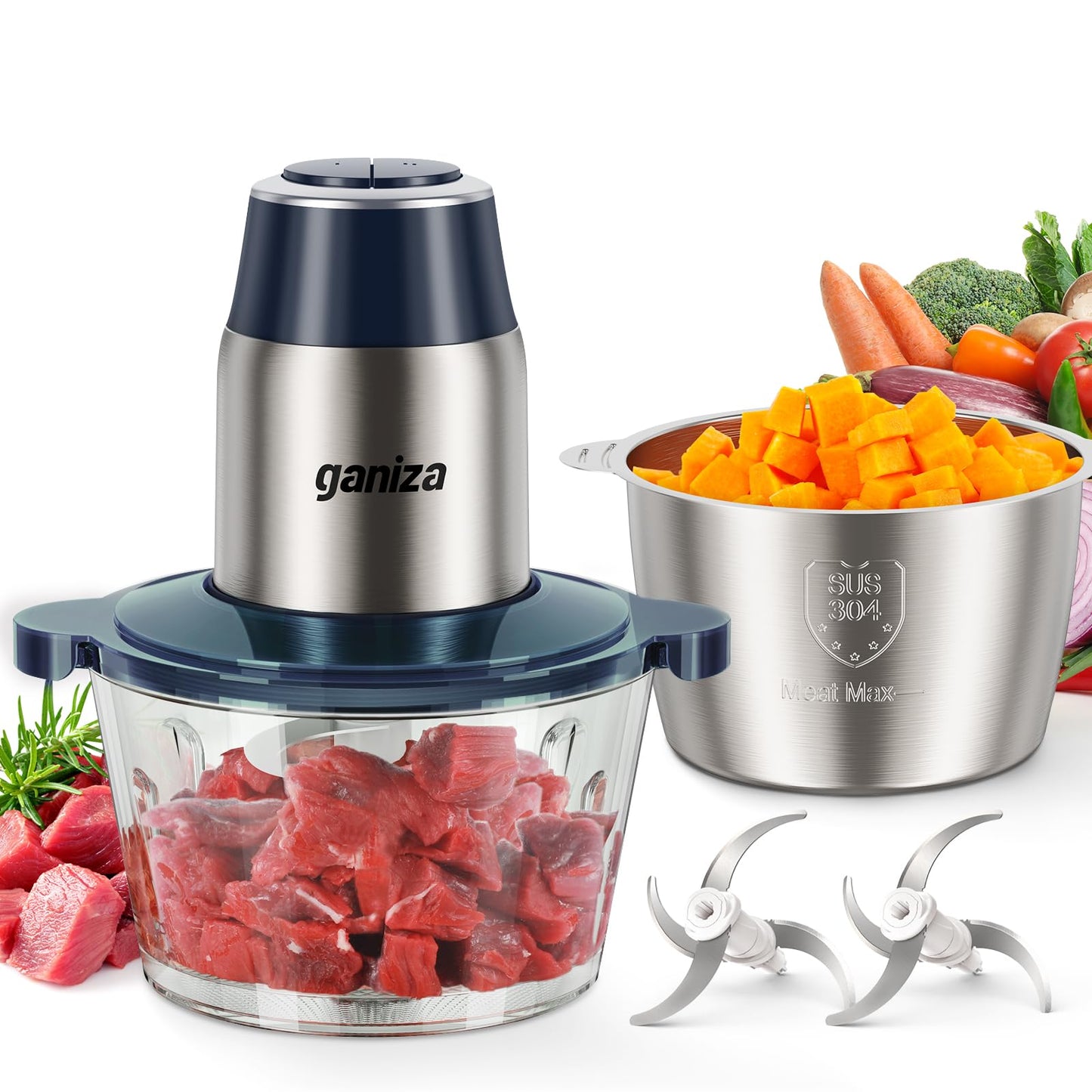 GANIZA Food Processors, Electric Chopper with Meat Grinder & Veggie Chopper - 2 Bowls with Powerful Copper Motor - Includes 2 Sets of Bi-Level Blades for Baby Food/Meat (Blue, 8 Cup+8 Cup)