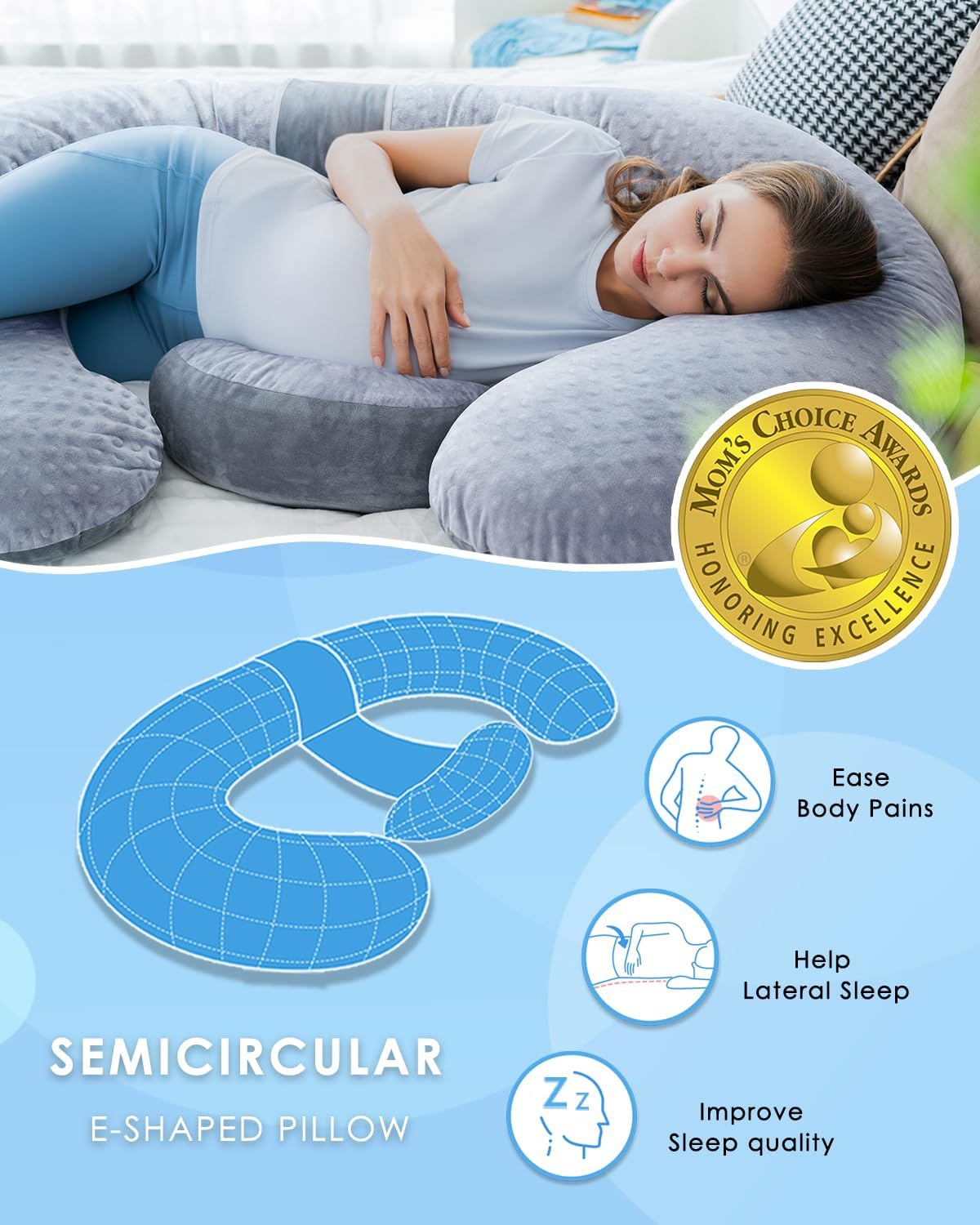 Queen Rose E-Shaped Pregnancy Pillow - Adjustable Full Body Maternity Support, 60 Inch, Grey Velvet Cover