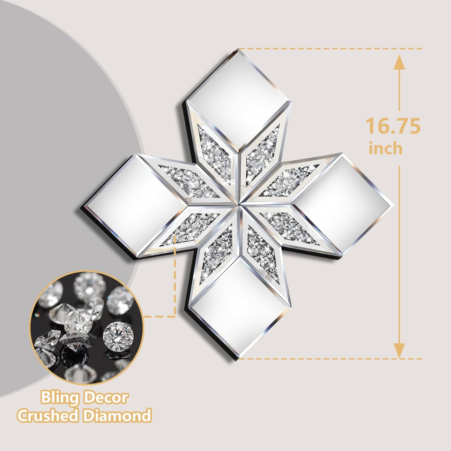 GA Home Crushed Diamond Mirror Wall Decor 2 Pack, 22.25x22.25” Diamond Shape Silver Wall Mirror for Living Room Dining Room Bedroom