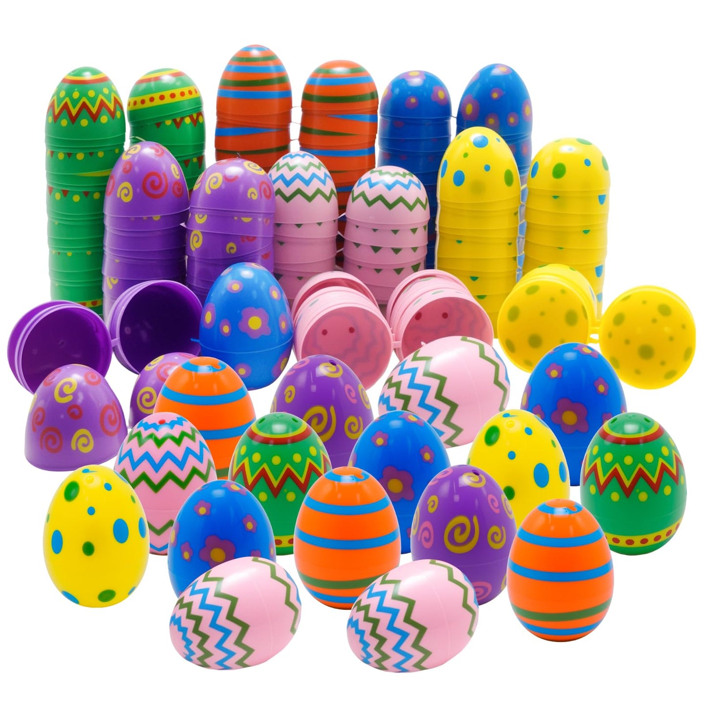 Newnessai 72 Pcs Plastic Printed Easter Eggs, 2.4inch Empty Fillable Colorful Plastic Eggs, for Party Favor, Suitable for Easter parties and egg hunts, Basket Stuffers Filler