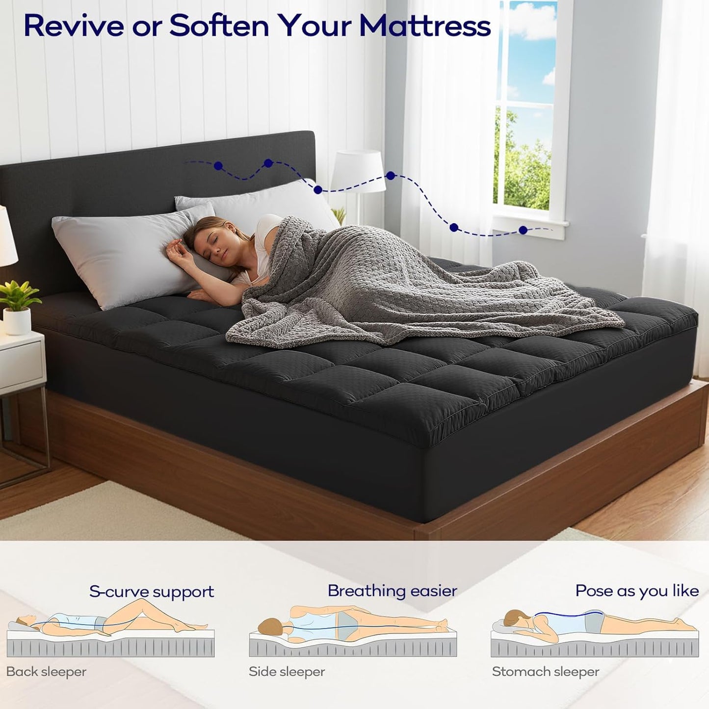 OLANLY Memory Foam Mattress Topper - 4 Inch Queen Size with Cooling Pillow Top & Gel Layer - Black