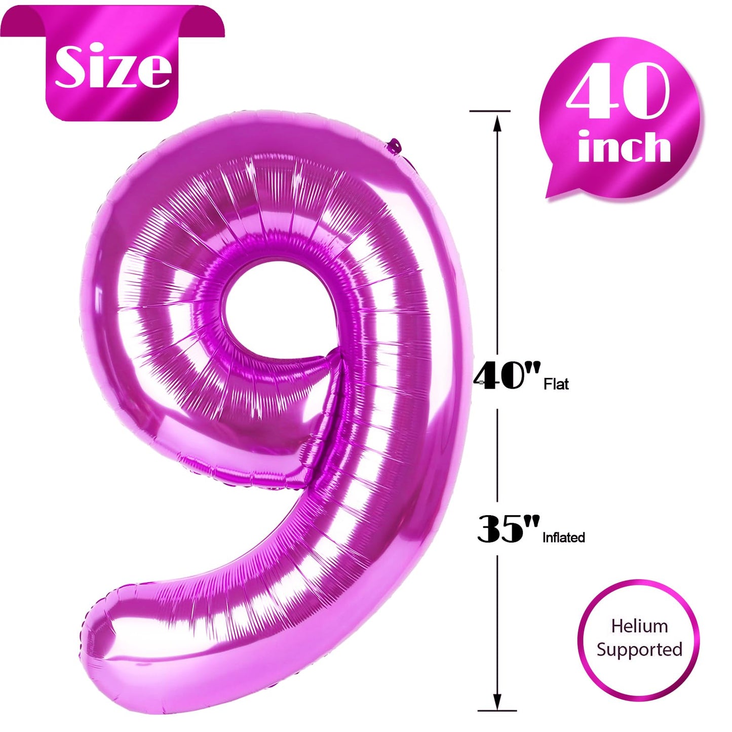 Rosy Purple 9 Balloon, Number Balloons 40 Inch, 9th Giant Birthday Decorations for Girls, 19th 29th Party Decorations Supplies, Number 9 Balloon