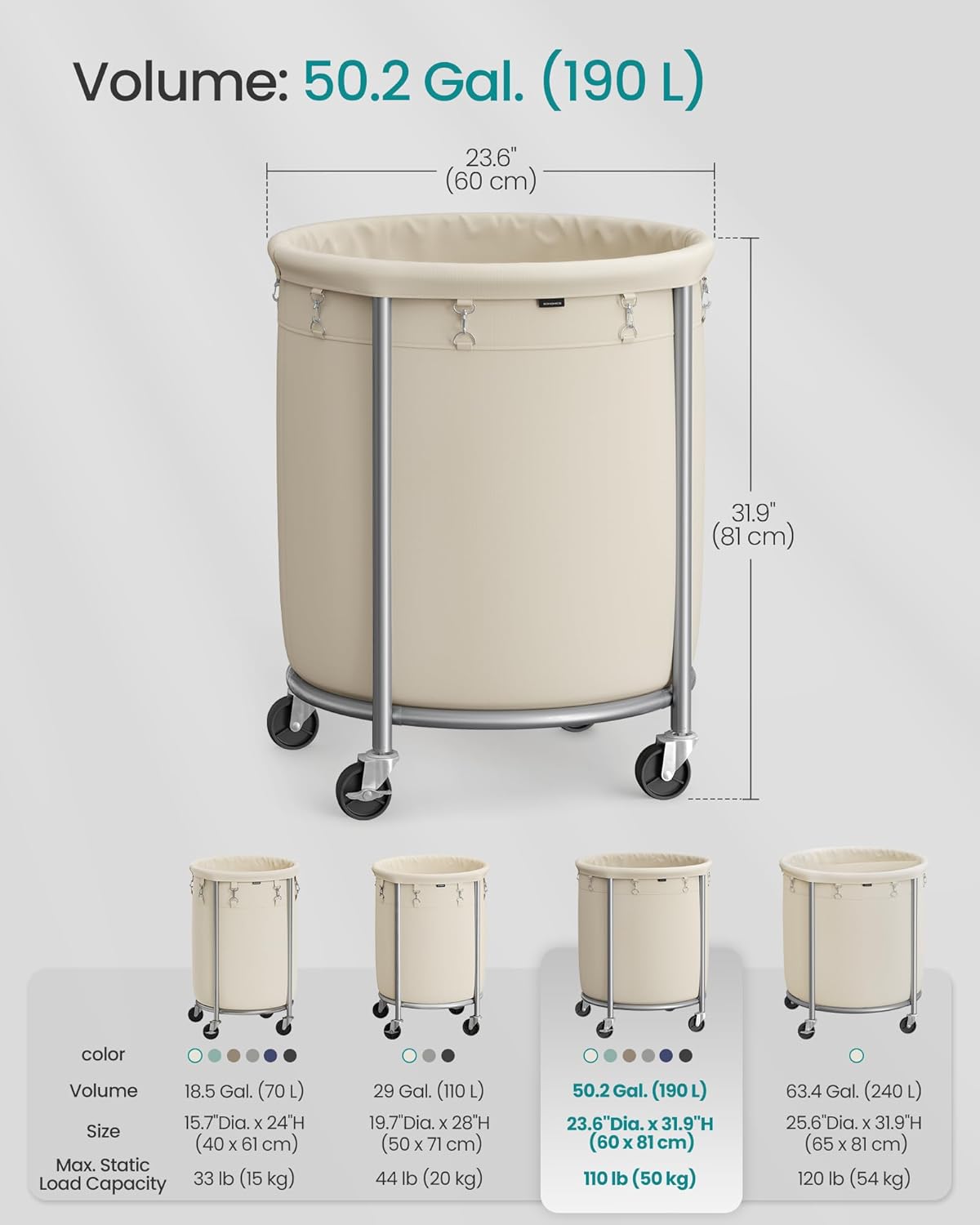 SONGMICS Laundry Basket - 50.2-Gallon Rolling Hamper Cart with Steel Frame & Removable Bag - Cream White & Metallic Silver