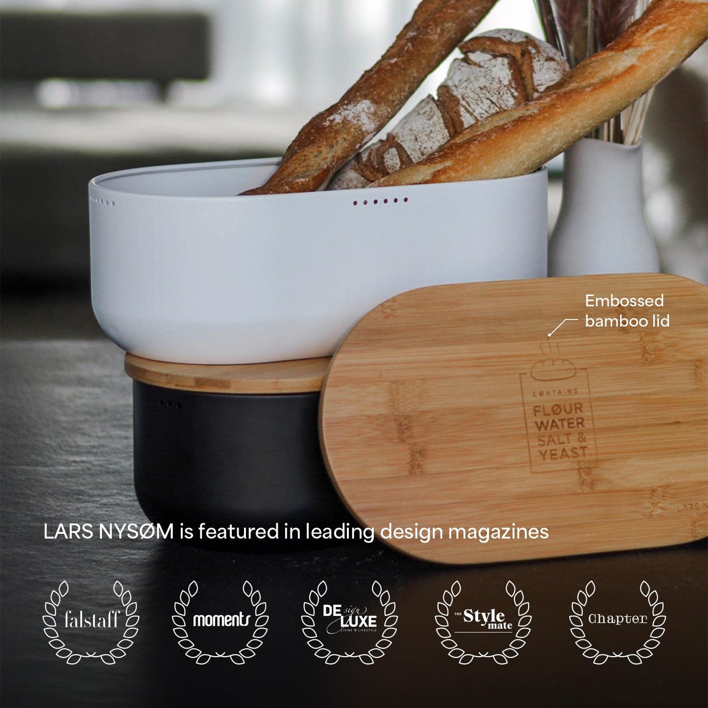 LARS NYSØM Bread Box I Metal Box for long lasting freshness I Bread Bin with bamboo lid usable as cutting board I 13.8x7.7x5.3 In (Blush Rose)