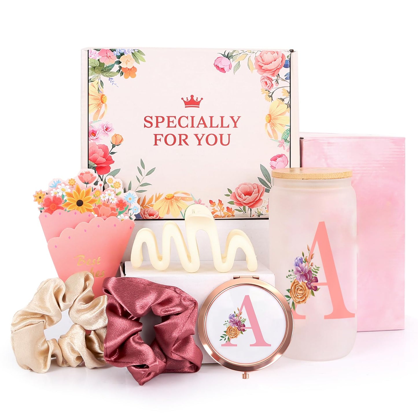 GooBird Personalized Monogrammed Gift Box for Women & Teen Girls–Pink Tumbler, Mirror & Hair Accessories Set, Initial A Gifts for Her, Sister, Daughter, Friends, Bridesmaid or Teacher