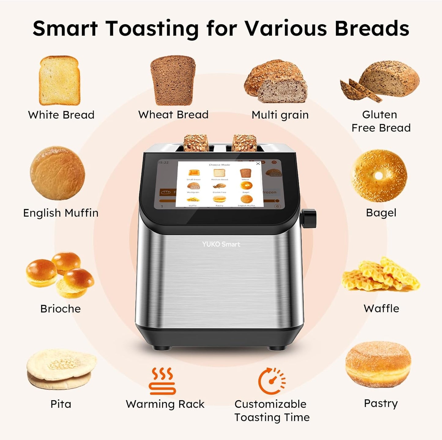 Smart Toaster - 2 Slice Stainless Steel Toaster with LCD Touch Screen & Memory Function | 10 Bread Types, 6 Shade Settings, 900W
