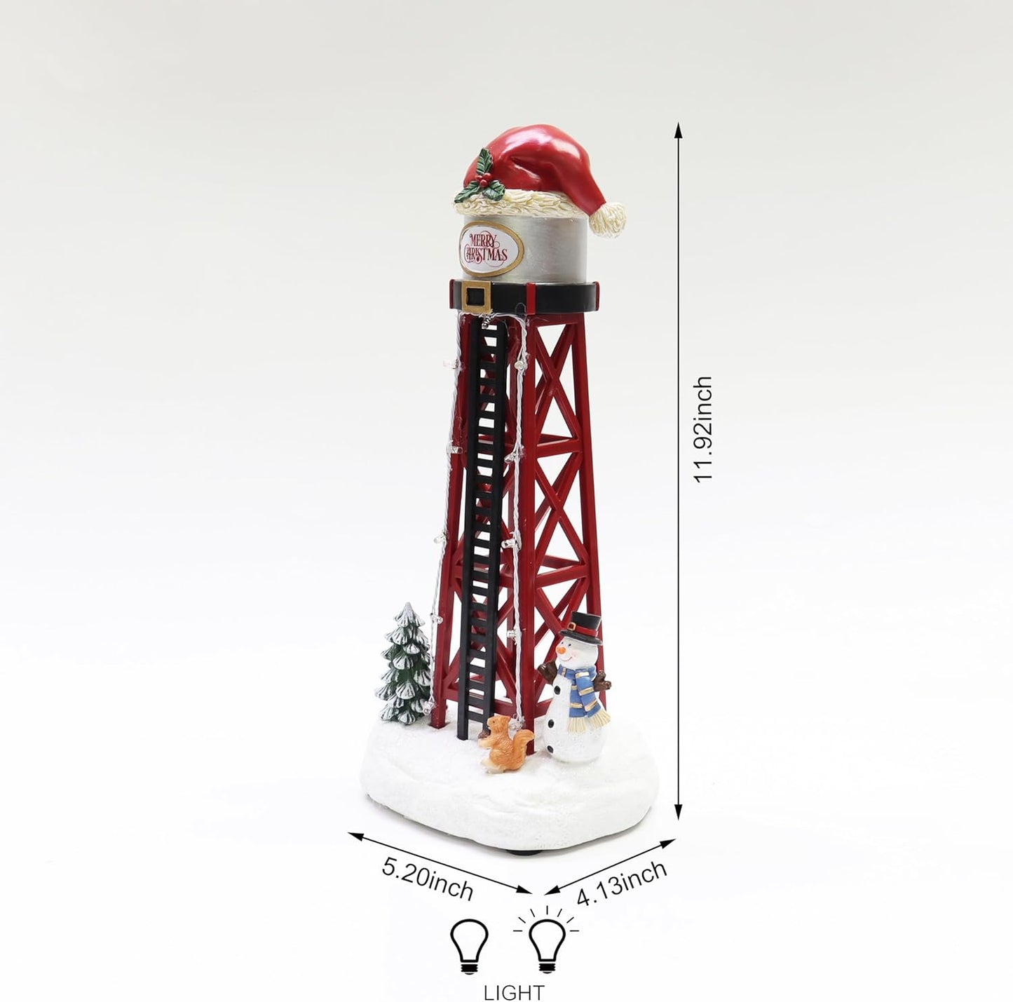 Moments In Time Water Tower Christmas Village - 12” LED Holiday Tabletop Decor with Santa Hat & Snowman
