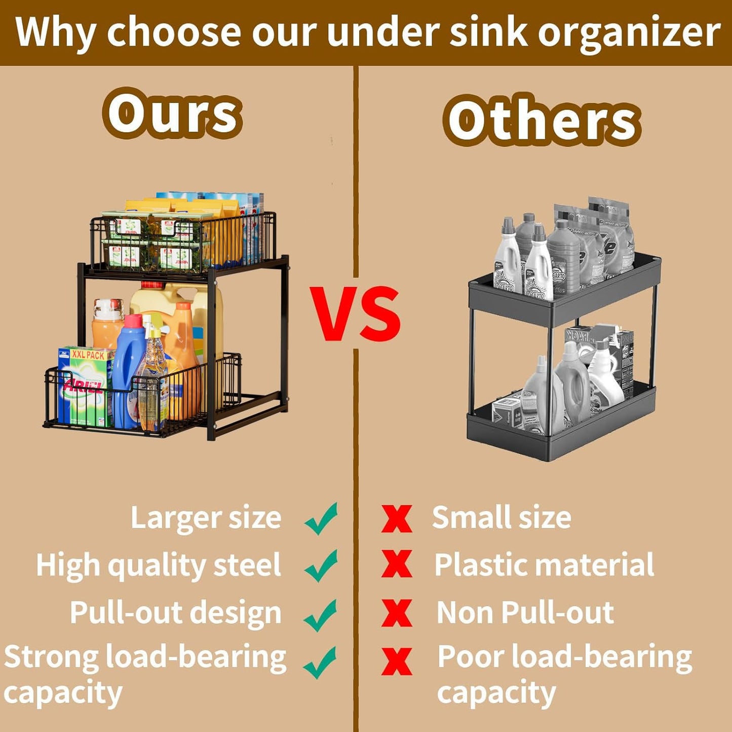 Under Sink Organizer, 2-Tier Pull Out Cabinet Organizer, Kitchen Bathroom Organizer and Storage, Spice Rack for Kitchen, Multi-use Sliding Drawers Shelves, Pack of 2