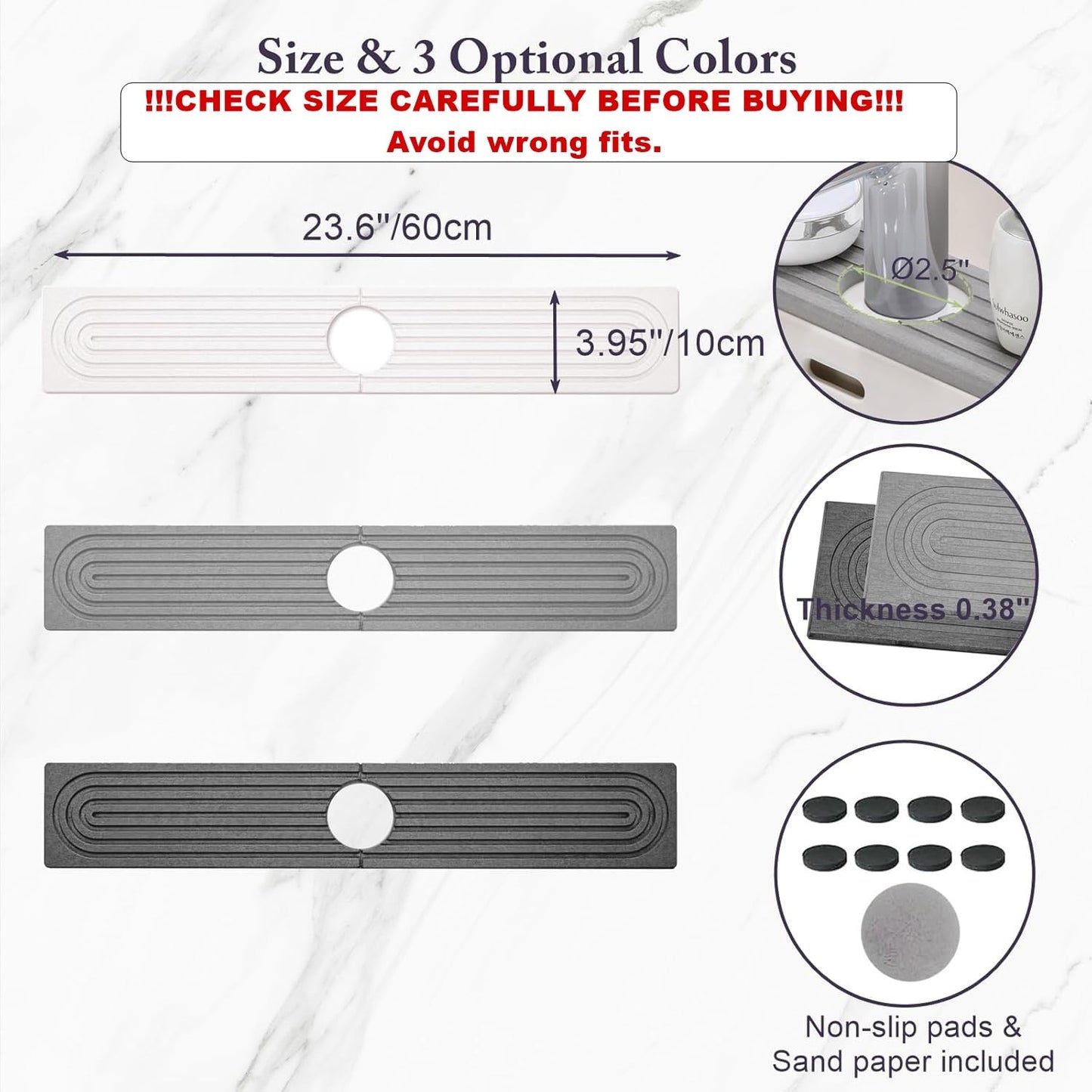 WIFORH Faucet Mat for Kitchen Sink, 24 inch Long Diatomite Fast Drying Stone Sink Tray，Diatomite Absorbent Mat, Faucet Splash Guard for Bathroom Kitchen, Dark Gray(23.6 x 3.93 in)