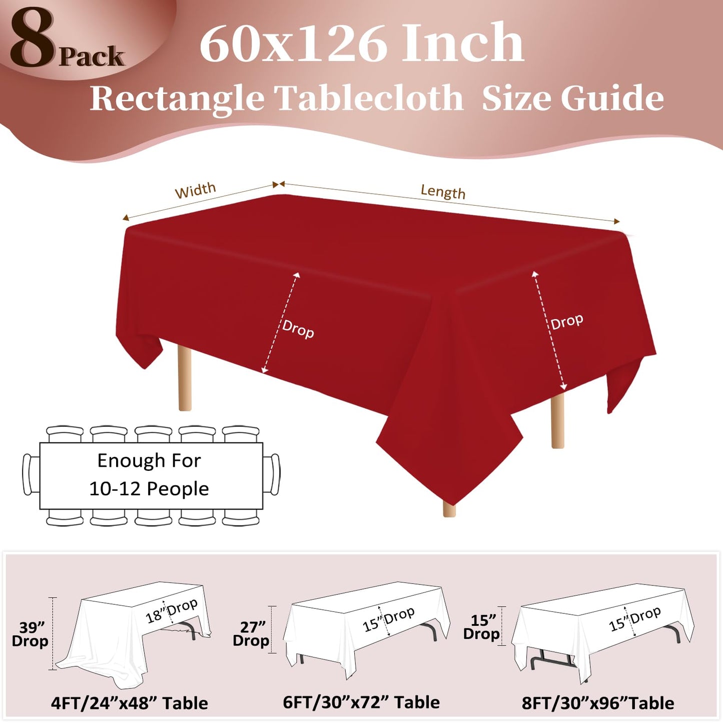 pepmily 8 Pack Red Tablecloth 60x126 Inch Rectangle Tablecloths for 8 Foot Rectangle Tables, Table Cloth Washable Polyester Fabric Rectangular Table Cover for Dining Banquet Wedding Party