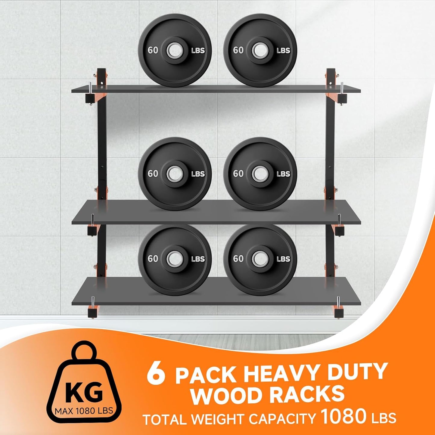 Lumber Rack Heavy Duty Wall Mount Wood Storage Racks - 9-Level Garage Shelving System | 1080 Lbs Capacity, 6 Pack