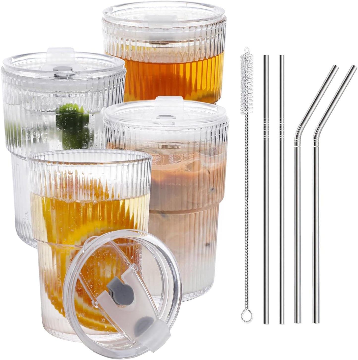 Skiennix 16 OZ Iced Coffee Cups - Unbreakable Reusable Plastic Glasses with Lids & Straws | BPA Free, Dishwasher Safe, Set of 4