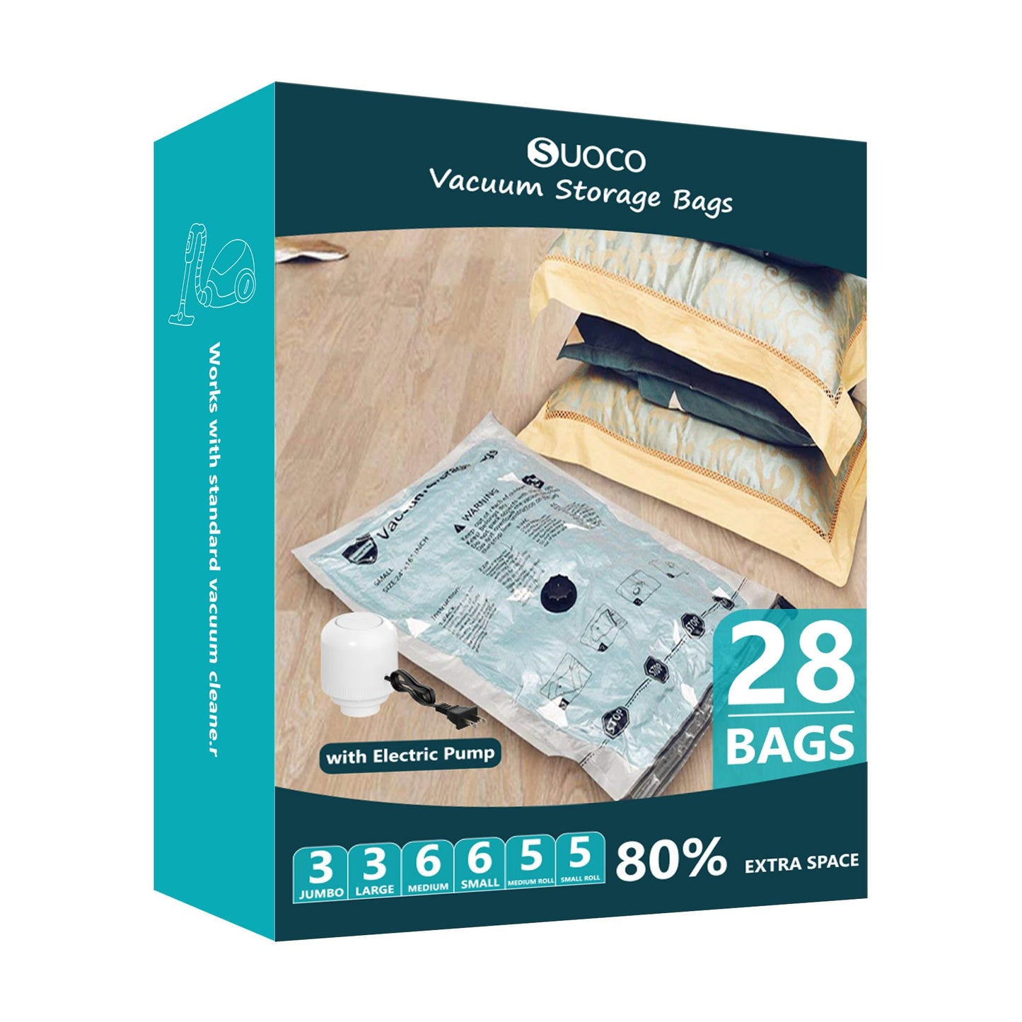 Vacuum Storage Bags with Electric Pump, Compression Packing Bags for Travel Luggage, Space Saver for Clothing Clothes Bedding Blankets Pillows, 28 Combo