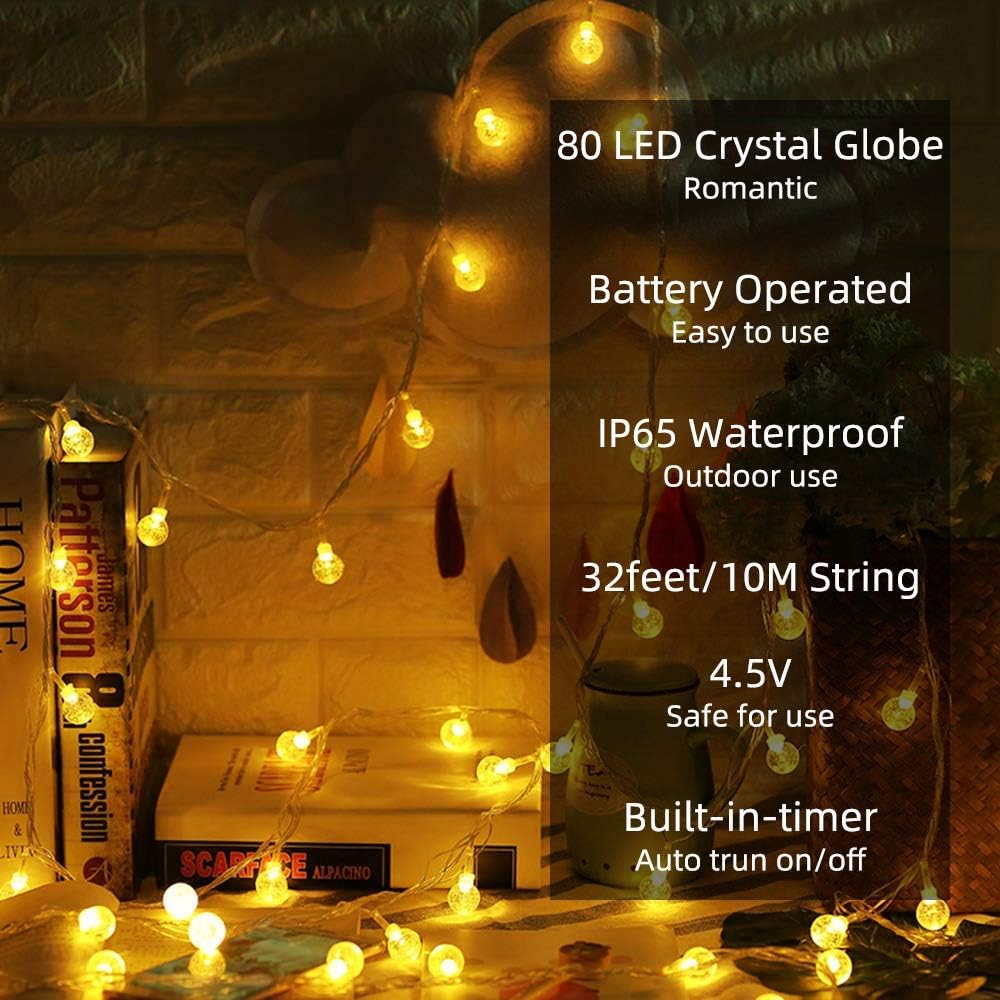 Metaku Globe Fairy Lights - 33ft 80LED Battery Operated String Lights | Waterproof for Indoor/Outdoor Use