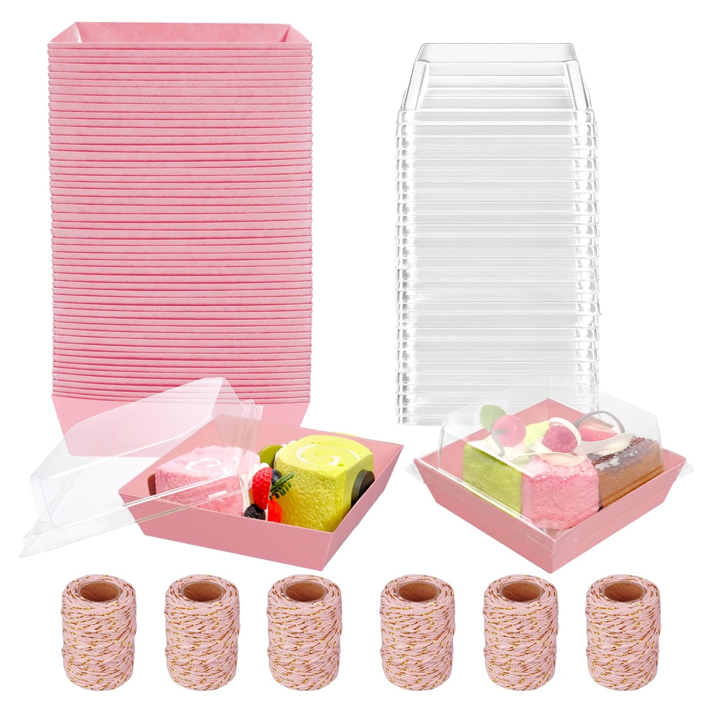 TANEMUDO 200 Pack Charcuterie Boxes with Clear Lids and Rope for 4 Inches Cake Boxes Disposable Square Dessert Food Containers for Bakery Cookies Strawberries Fruits Display (Pink)