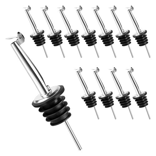12 Pack Liquor Pour Spout with Dust Caps Stainless Steel Pourers Spouts for Alcohol, Olive Oil, Bar Bartender Accessories (Automatic Cover)