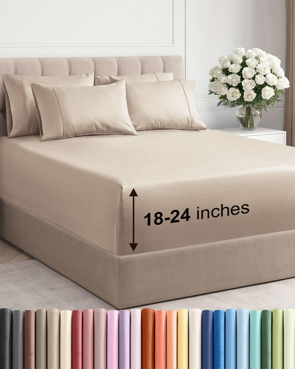 Skiennix Extra Deep King Sheet Set - 6 Piece Breathable Cooling Bedding - Soft, Wrinkle-Free Wheat Color