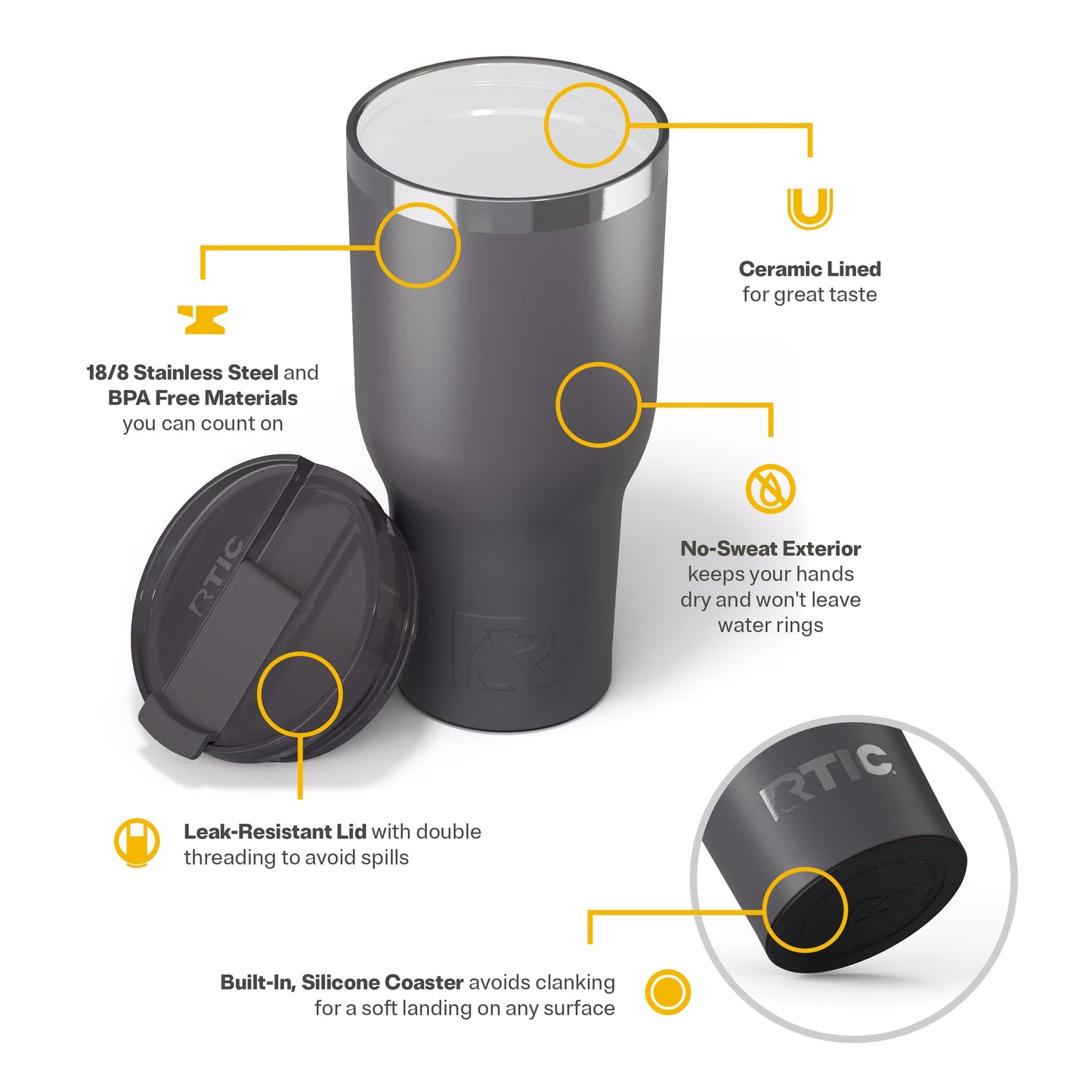 RTIC 40oz Essential Tumbler with Lid, Ceramic Lined, Insulated, Stainless Steel, Metal, Double Wall Vacuum-Insulation, Travel Cup for Iced Coffee, Tea, Hot and Cold Drink, Graphite