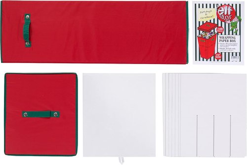 Elf Stor Wrapping Paper Storage Box - Holds 20 Rolls of 30” Gift Wrap - Upright Container with Lid & Dividers (Red)