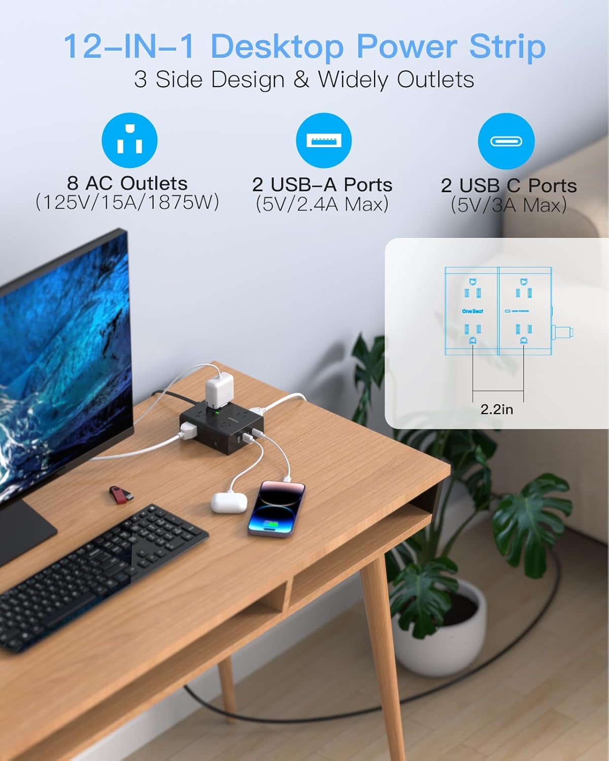 Skiennix 10Ft Extension Cord - 8 Outlet Power Strip with 4 USB Ports for Office & Dorm Essentials