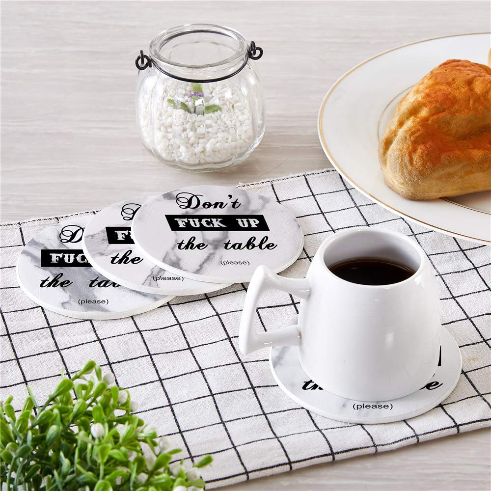 Thipoten Funny Coasters, 6 Pcs Leather Coasters with Holder, Perfect Housewarming Hostess Gifts, Protect Furniture from Water Marks Scratch and Damage(6Pcs, White Marble)