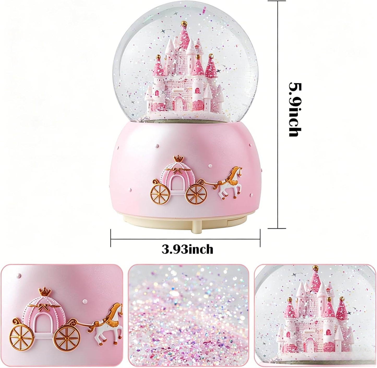 Skiennix Music Box - Crystal Carousel Rotating Unicorn Snow Globe with Colorful LED Light | Castle Pink