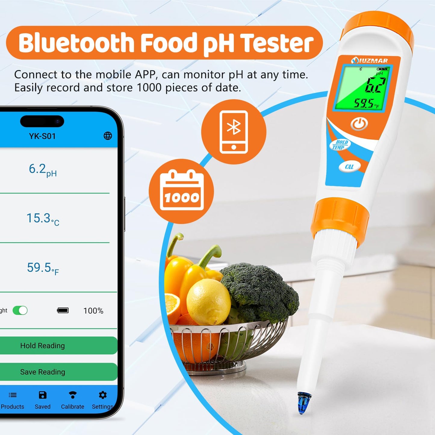 UIUZMAR Smart pH Meter for Food pH Test Kit for Sourdough and Bread Dough Professional Spear Sensor Food Tester Digital pH Meter for Sausages Meat Cheese Sushi Rice and Other Solid Semi-Solid