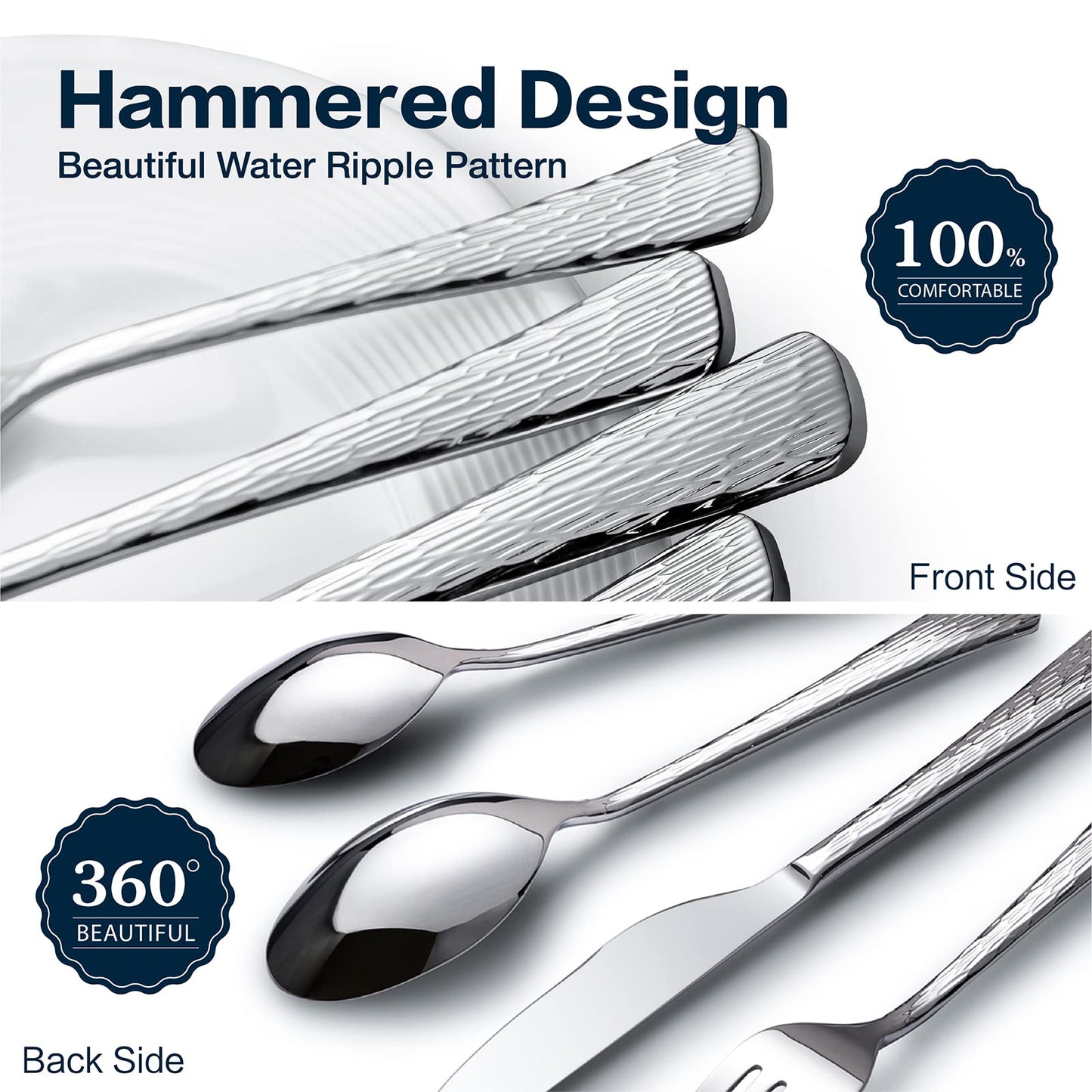 KINGSTONE Hammered Silverware Set, 20-Piece Flatware Set, 18/10 Stainless Steel Premium Cutlery with Unique Ripple Handles Design Mirror Polished - Dishwasher Safe