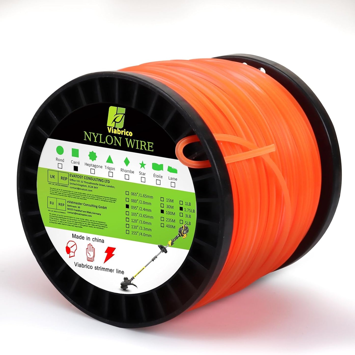 Viabrico String Trimmer Line - Heavy Duty Square Orange Weed Eater String | Premium Nylon 0.095" x 330ft