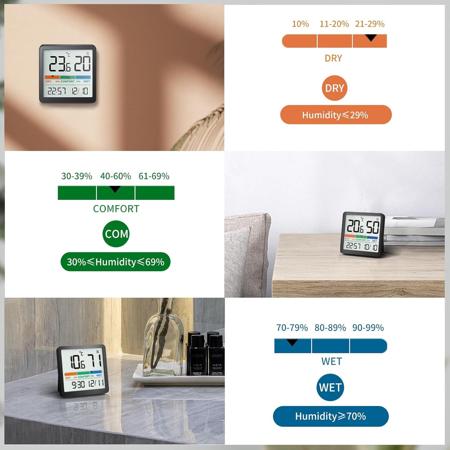NOKLEAD Mini Digital Thermometer Hygrometer - Accurate Indoor Temperature & Humidity Monitor | Comfort Indicator & Clock