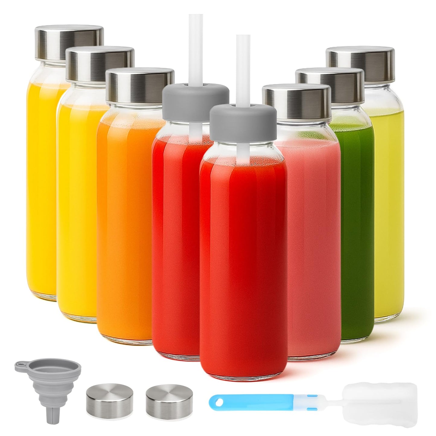 Zukro Glass Water Bottles with Lids & Straw 16 oz, 8 Pack Reusable Juice Bottles With Stainless Steel Cap for Juicing, Leak Proof Clear Smoothie Drinking Jars Beverages Containers, BPA Free