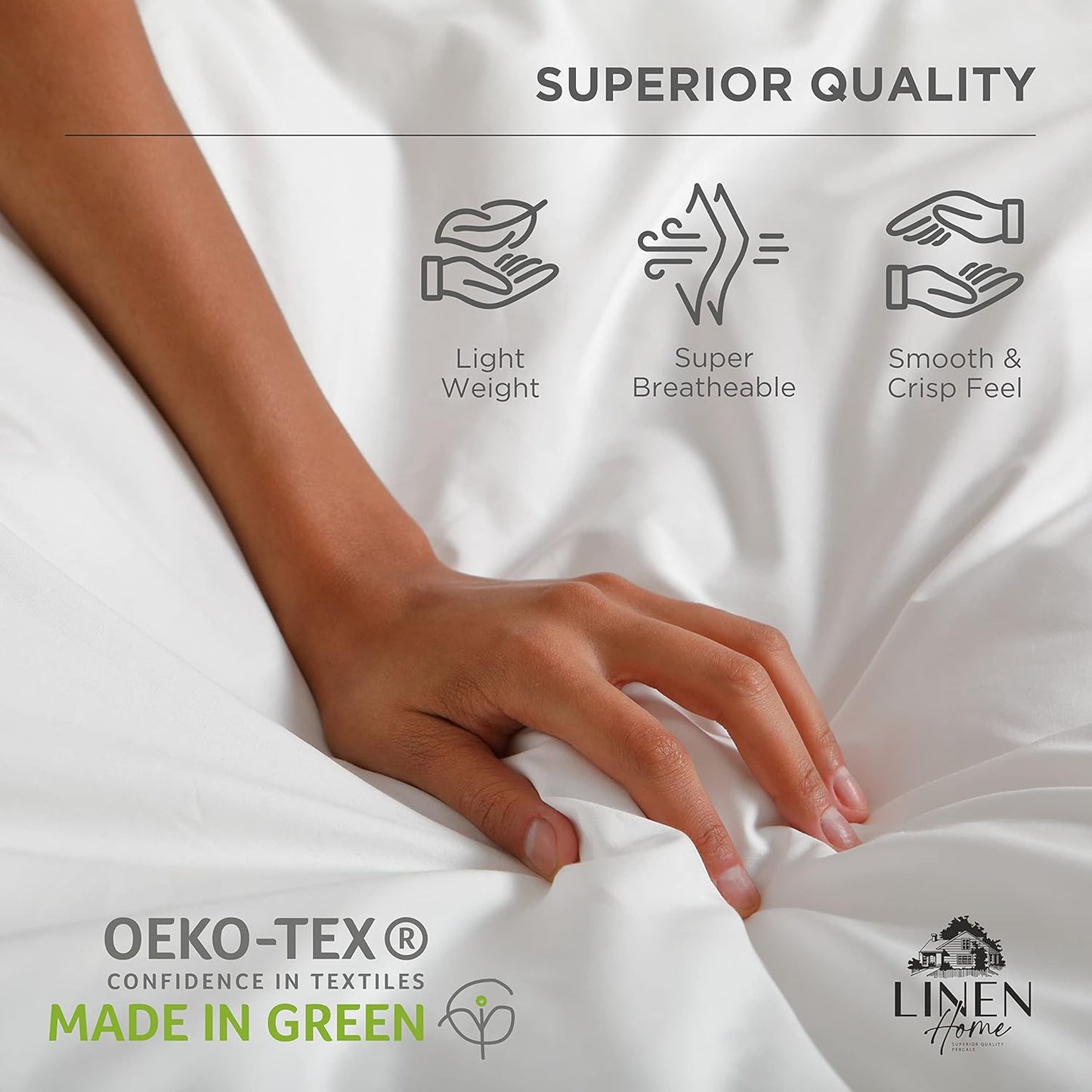 Linen Home 100% Cotton Percale Twin Sheets Set - Deep Pocket, White, 3 Pieces for Crisp Comfort