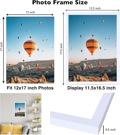 JCJMY 12x17 Picture Frame - White Wall Mount for Horizontal or Vertical Display | Durable Shatter-Resistant Plexiglass