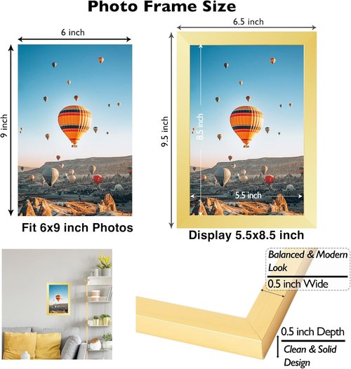 JCJMY 6x9 Picture Frame - Elegant Gold Wall & Tabletop Display for 6x9 Photos | Horizontal & Vertical Mounting