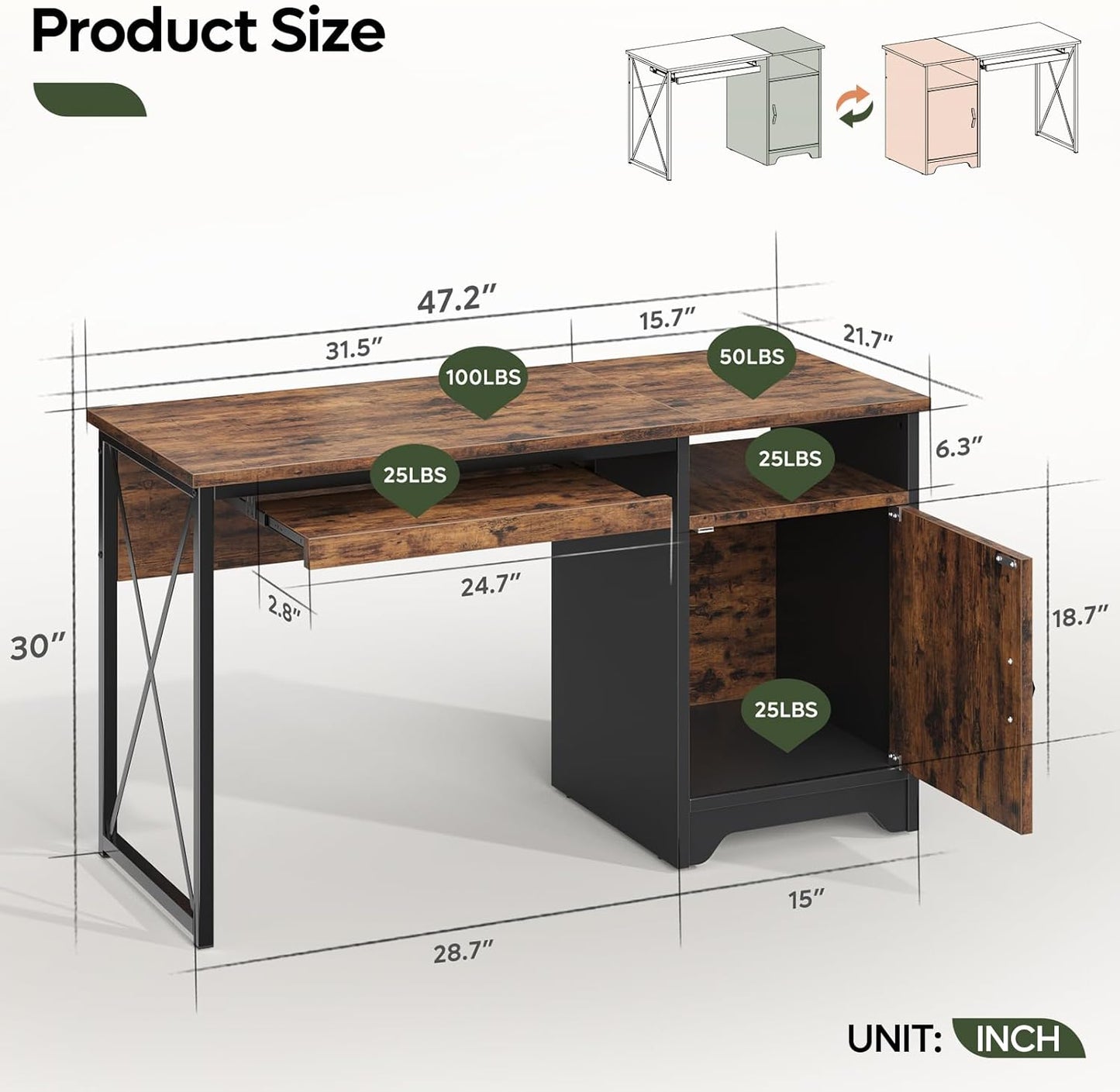 Bestier Office Desk - 47-Inch Industrial Computer Desk with Keyboard Tray & Storage | Rustic Brown