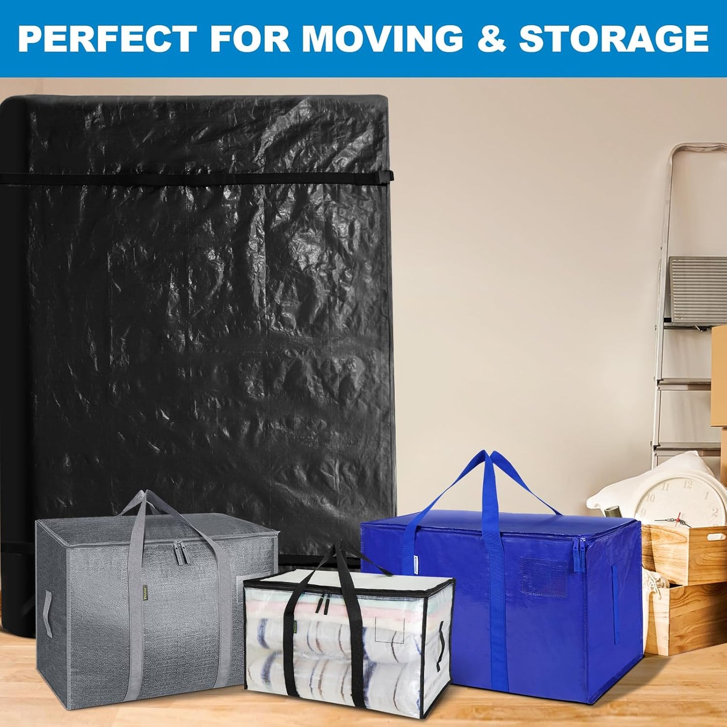 TICONN Heavy Duty King Mattress Bag - Full-Around Handle & Adjustable Buckles | Black Storage Cover