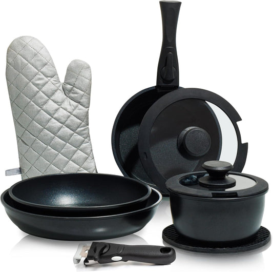 Moss & Stone Nonstick Cookware Set - 10-Piece Space-Saving Pans with Removable Handles | RV & Induction Ready