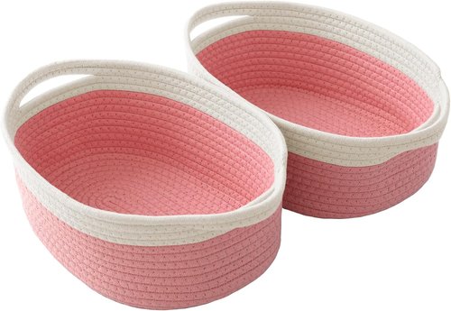 JMvicyroam Woven Basket - Small Rope Storage Bin with Handles & Ribbon | 2-Pack White & Pink Gift Organizer for Shelves & Closets
