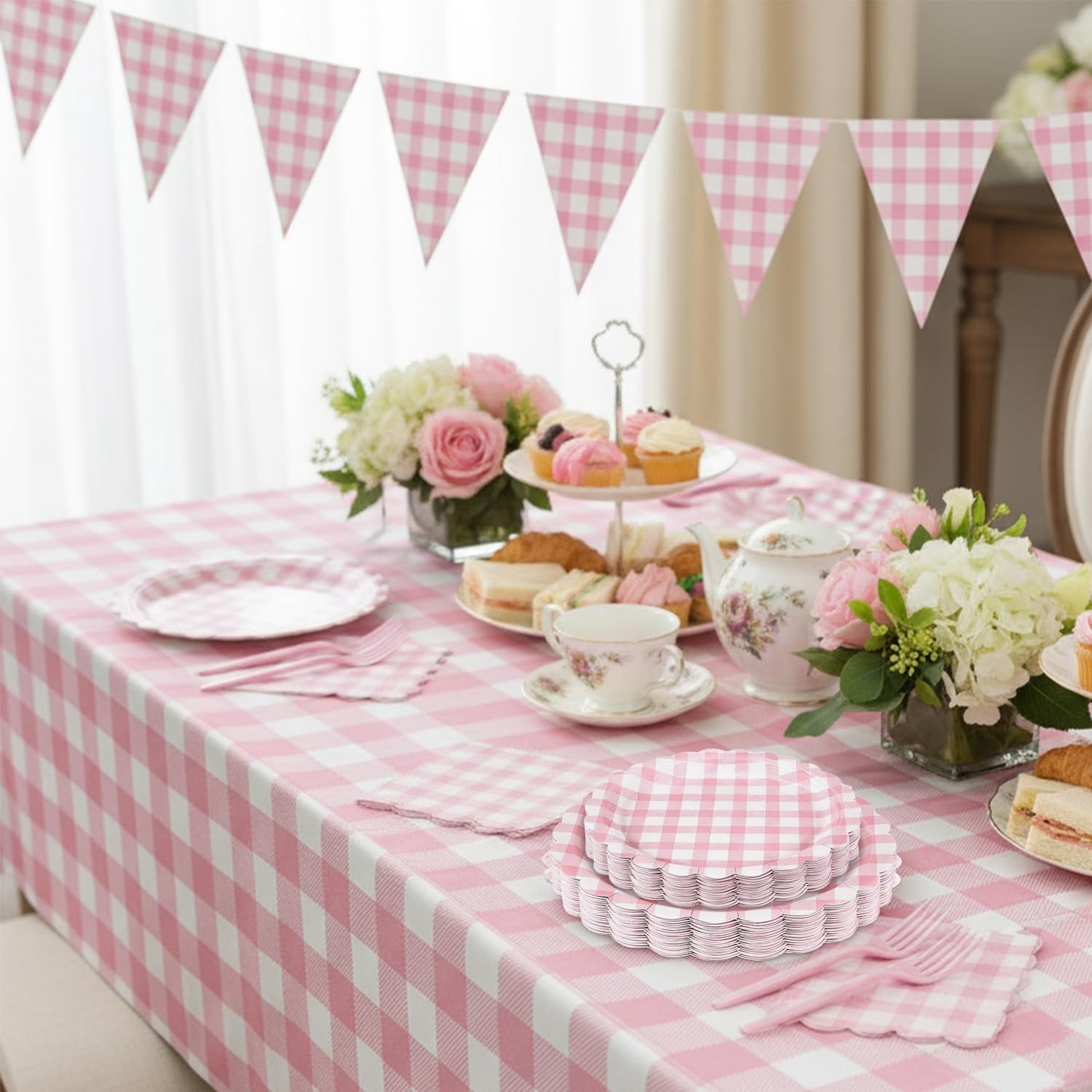 175 PCS Pink Gingham Party Supplies Includes Pink Gingham Paper Plates, Cups, Napkins, Cutlery for Baby & Bridal Shower, Wedding, Birthday Party, Outdoor Picnic, Serves 25