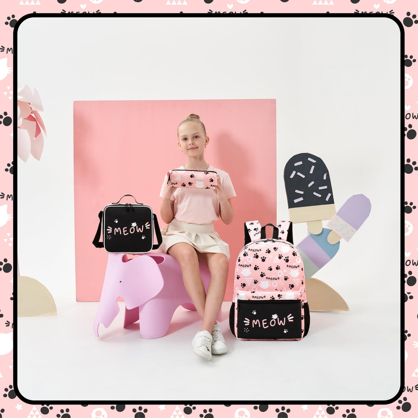 Backpack for School Kids Backpacks for Girls Bookbag Set Backpacks for Teen Girls with Lunch Box Pink Cat Preppy Backpack for School