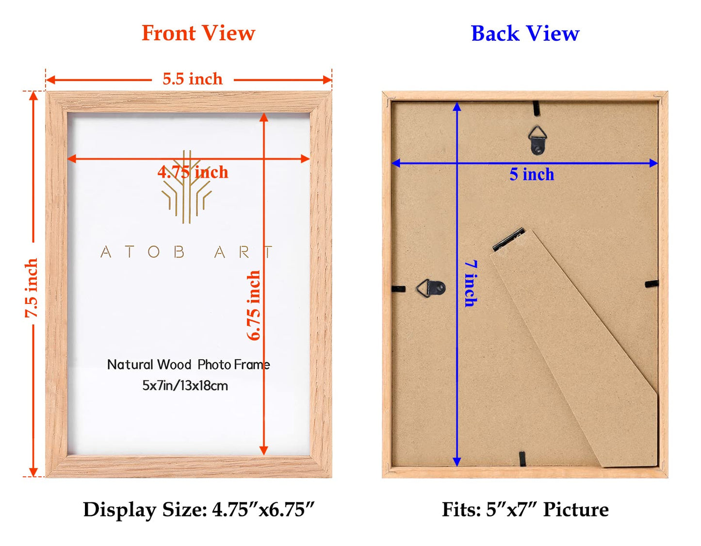 ATOBART 5x7 Oak Wood Picture Frames, 6 Pack Natural Wood Color Photo Frame with High Definition Glass for Wall Mount or Table Top Display