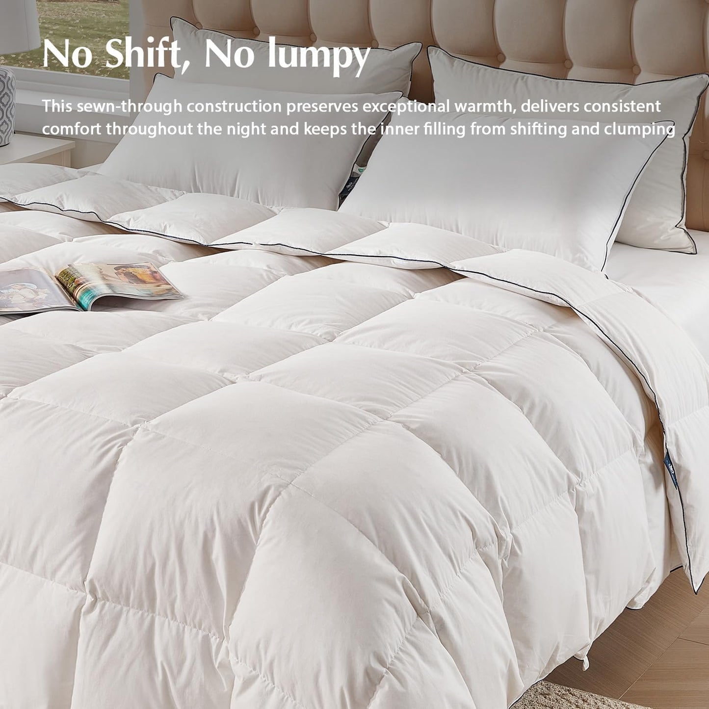 Pacific Coast | Goose Feather Down Comforter - Extra Fluffy White Duvet Insert, All-Season Luxury Bedding (Queen Size, 90"x90")
