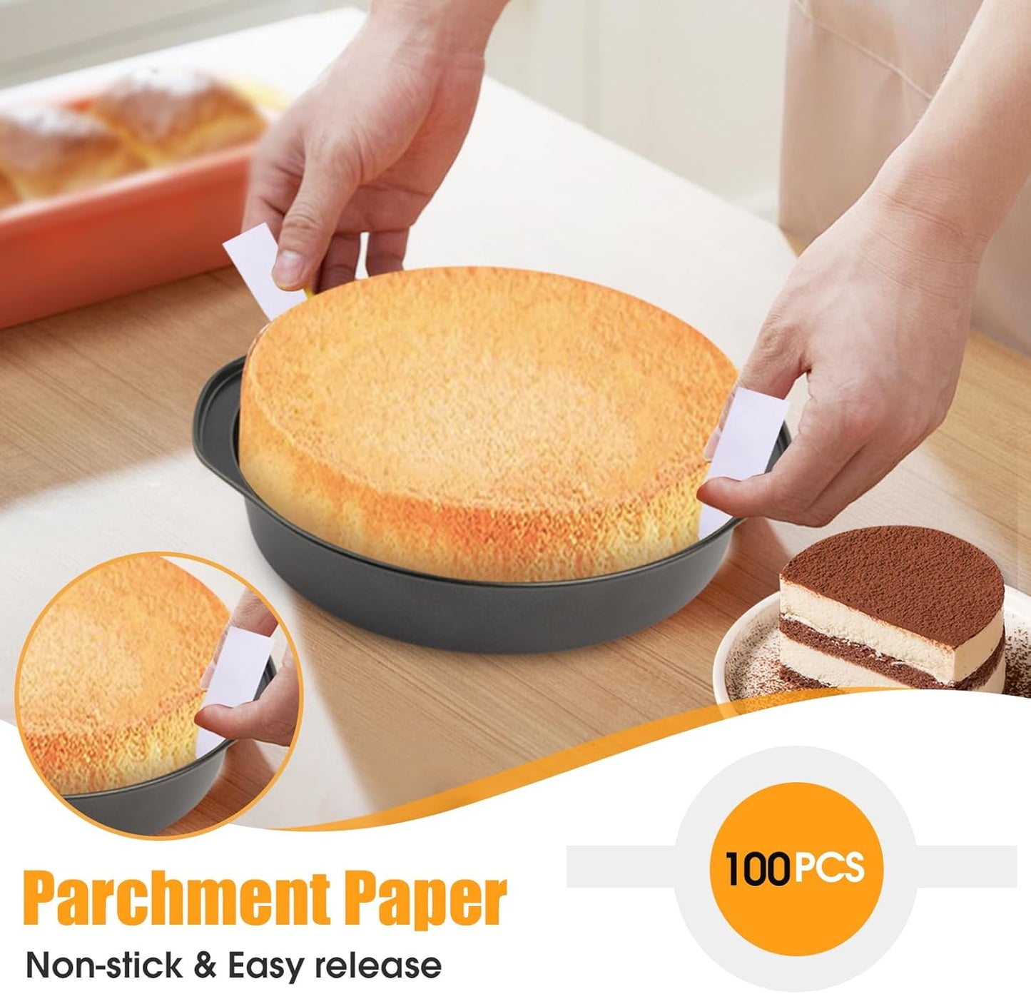 Skiennix 6-Inch Nonstick Cake Pans - 3-Piece Set with 100 Parchment Paper Sheets & Handles | Dishwasher Safe