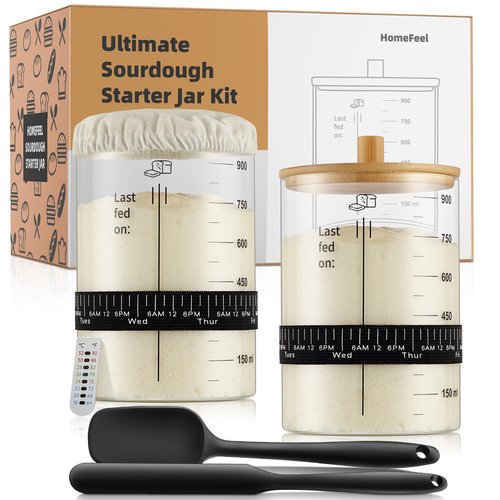 HomeFeel Premium Sourdough Starter Jar - 34 Oz Large Glass Jar with Bamboo Lid, Cloth Cover, Date Tracker, Thermometer and Scraper, Stylish Design and Wide Mouth Starter Kit (2 Pack)