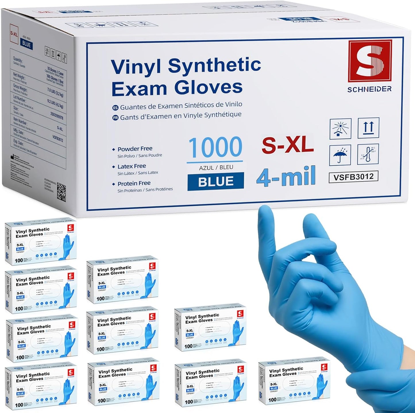 Schneider Blue Vinyl Exam Gloves - Powder-Free, Latex-Free, Non-Sterile | Case of 1000, 4-Mil Thickness