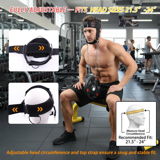 Adjustable Neck Harness for Resistance Bands & Weightlifting, Head Strap with 6 D-Rings for Multi-Directional Neck Training, Padded Chin Support for Athletes & Rehab Exercises