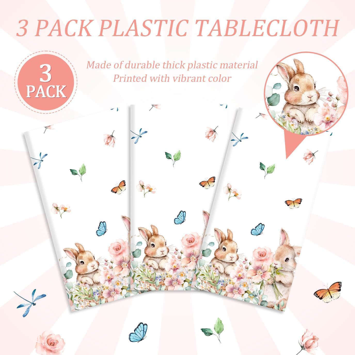 Vanulus 3Pcs Spring Easter Bunny Party Tablecloth Cute Rabbits Pink Floral Disposable Plastic Table Cover Rectangle Table Cloth for Spring Farmhouse Picnic Dinner Table 54x108Inch