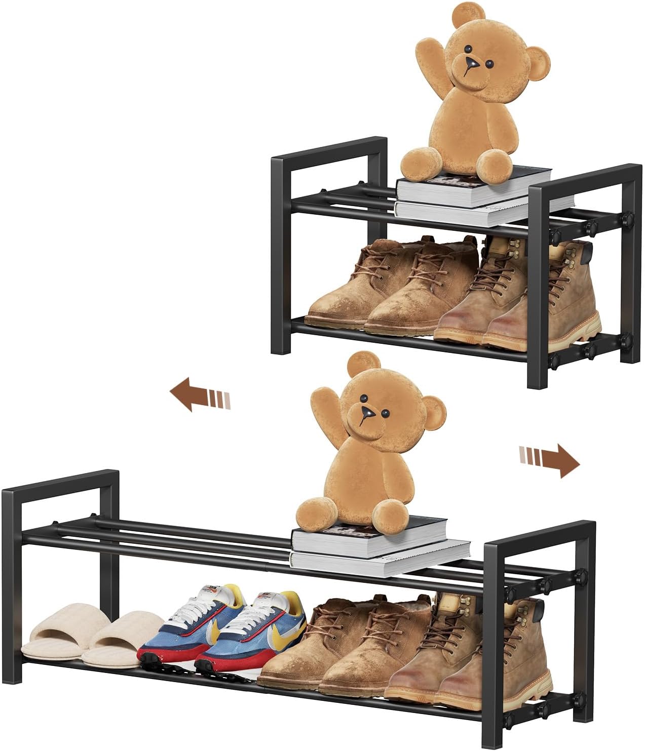 Skiennix 2-Tier Expandable Shoe Rack - Adjustable Heavy-Duty Metal Organizer for Entryway | Black
